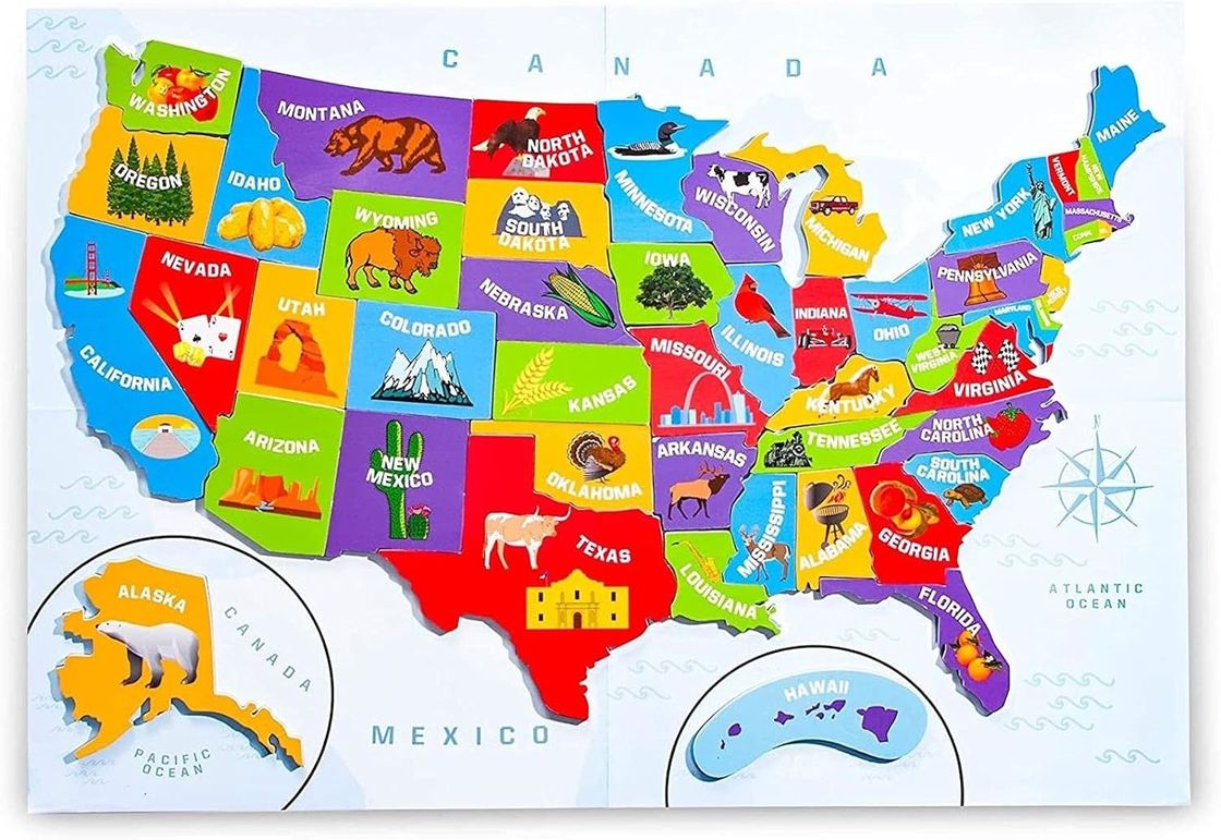 Puzzle Magnetik Multicolor Peta Amerika Serikat Dengan 44 Potongan Magnetik
